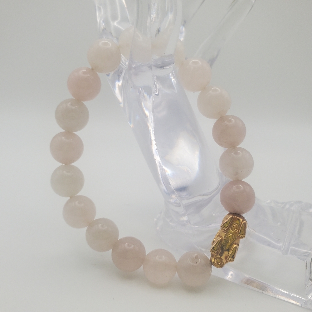 14K Gold Pixiu & Natural Rose Quartz Beads Stretch Bracelet Feng Shui Wealth - Picture 4 of 4